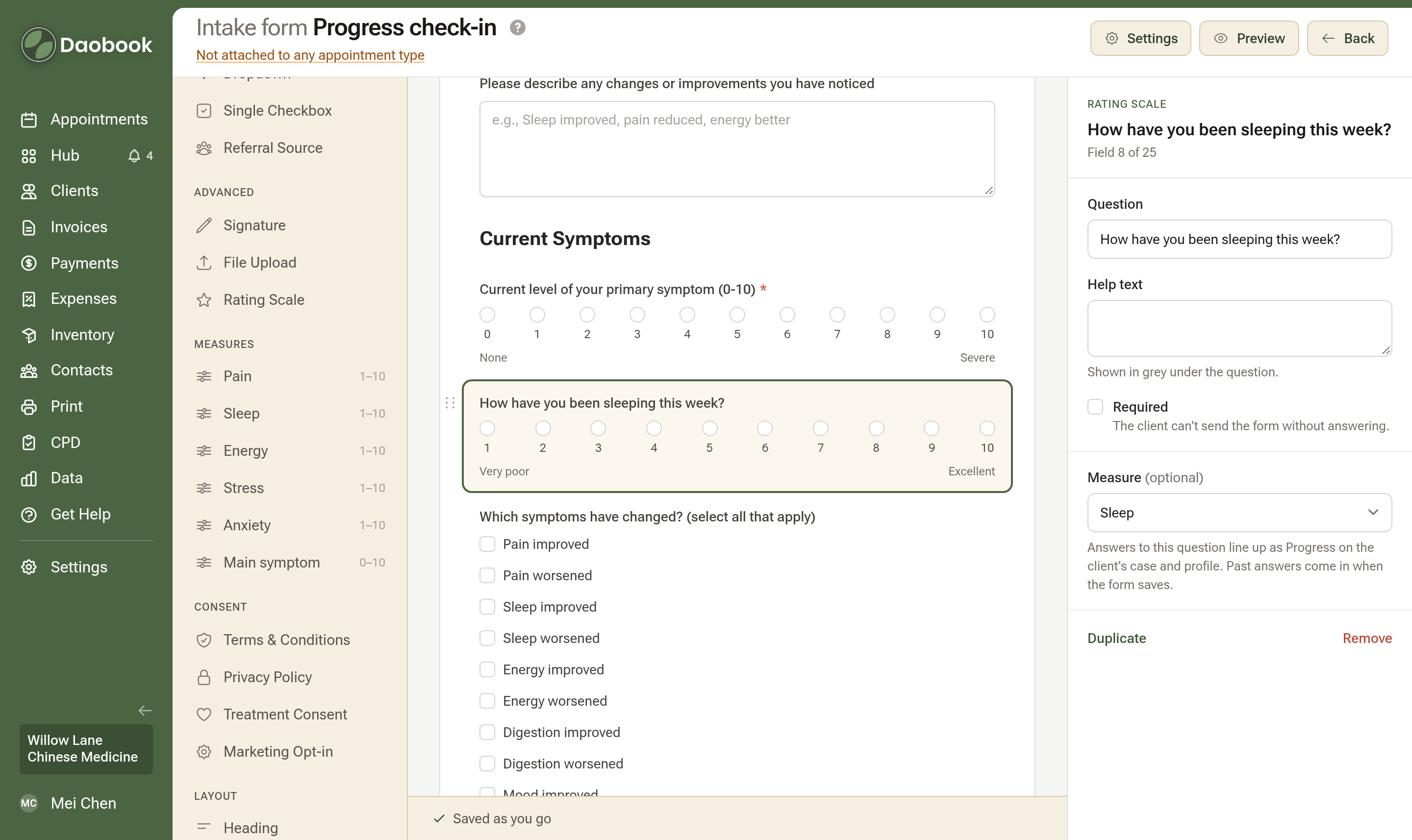 The form builder for a Progress check-in form: the Measures group on the left, the question How have you been sleeping this week? picked on the form, and its Measure set to Sleep on the right