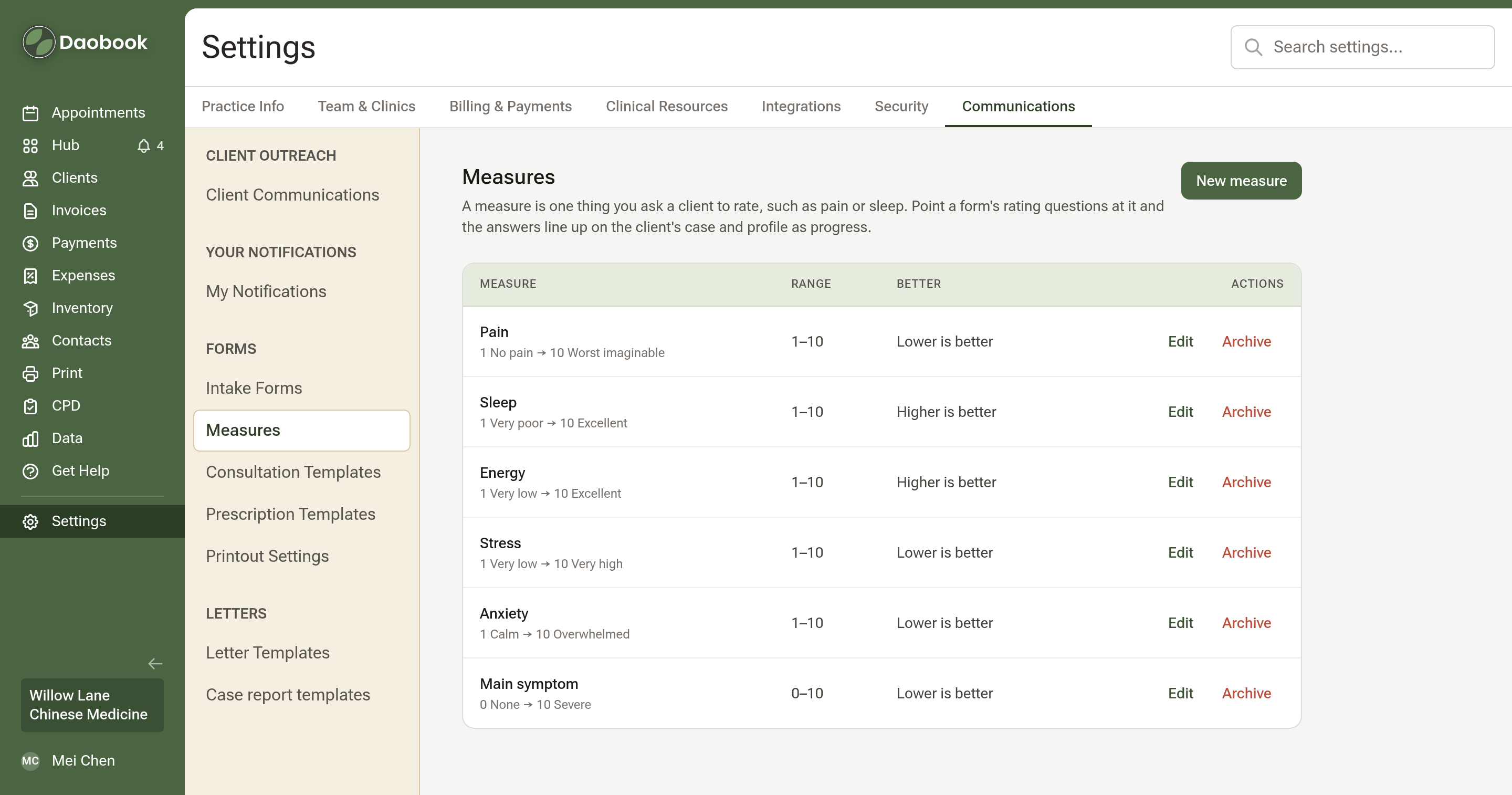 Settings, Communications tab, Measures: Pain, Sleep, Energy, Stress, Anxiety and Main symptom, each with its range, its end words and whether lower or higher is better, and a New measure button