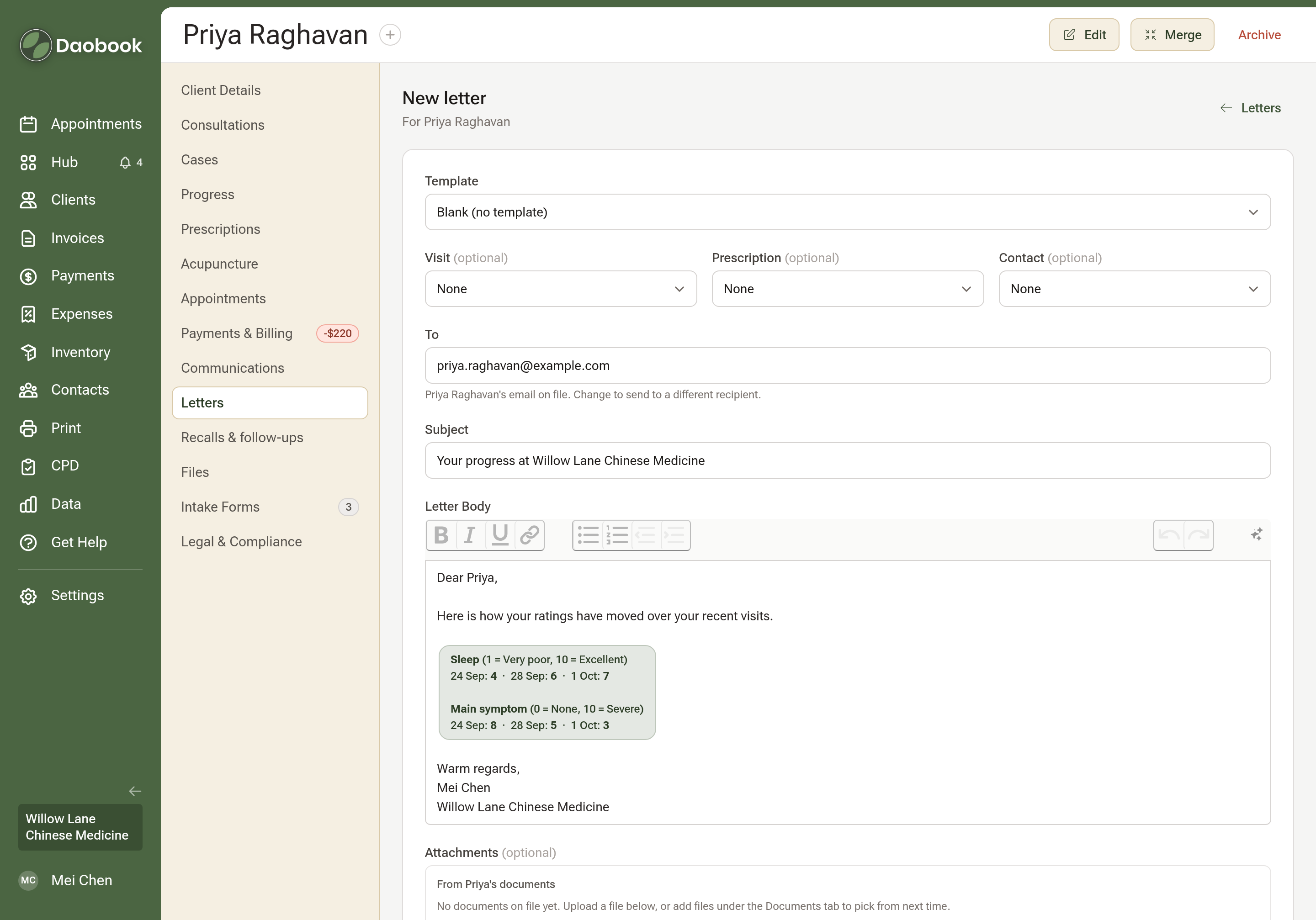 The New letter composer for Priya: the subject Your progress at Willow Lane Chinese Medicine, and the body with a greeting, one line, her Sleep and Main symptom numbers by date in a green block, and a sign-off