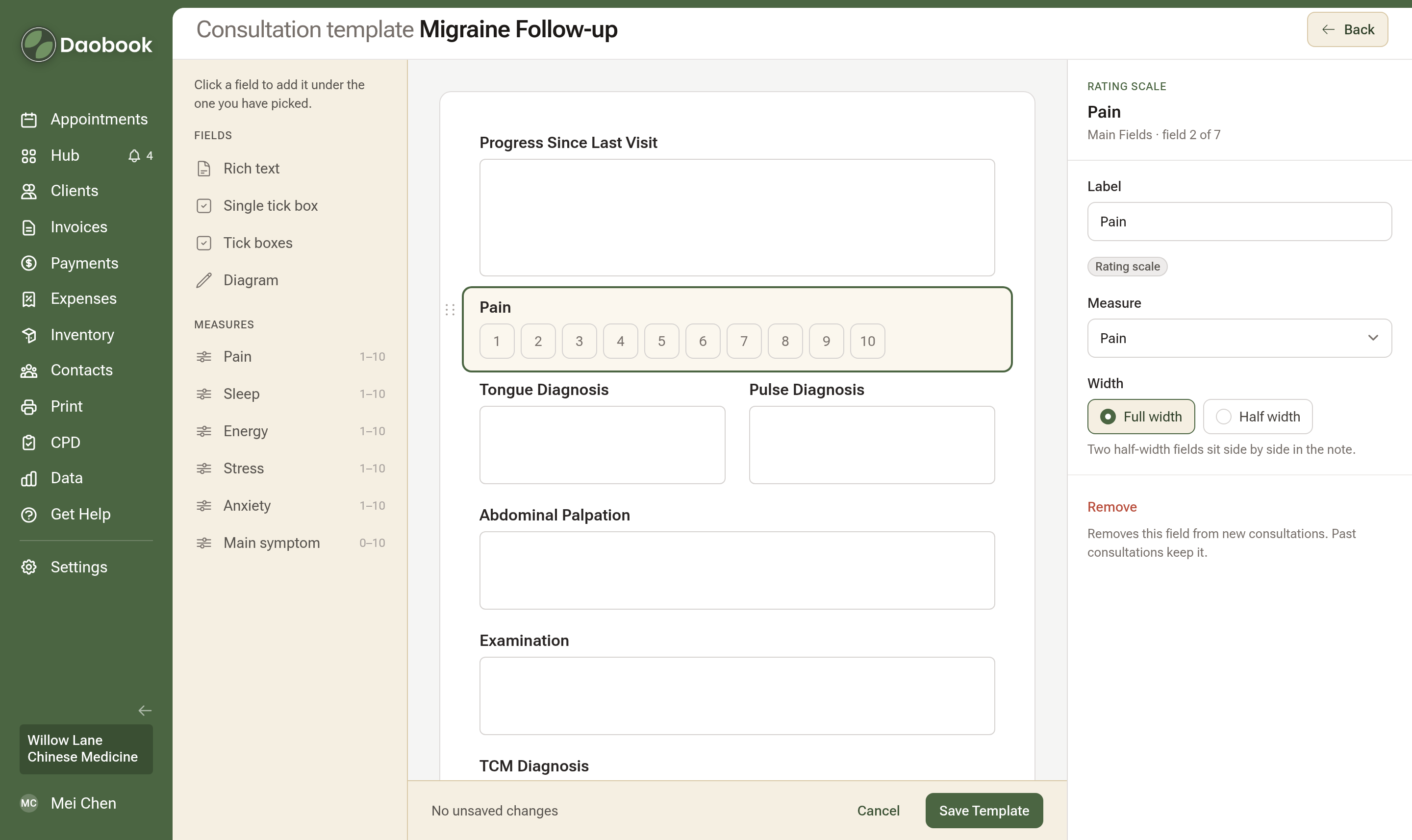The template editor for Migraine Follow-up with a Pain row picked on the note, its numbers 1 to 10, and Rating scale with Measure set to Pain on the right