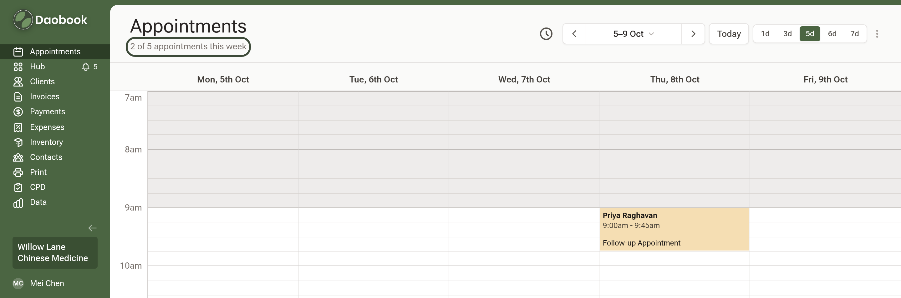 The calendar with 2 of 5 appointments this week shown under the Appointments heading