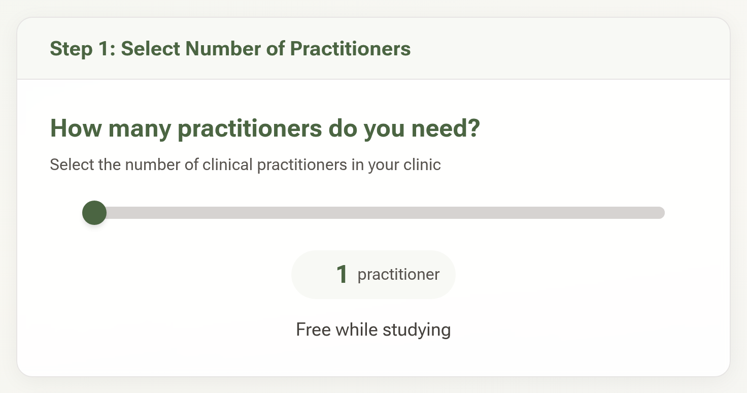 Step 1 of the sign-up form with one practitioner selected and the price replaced by Free while studying