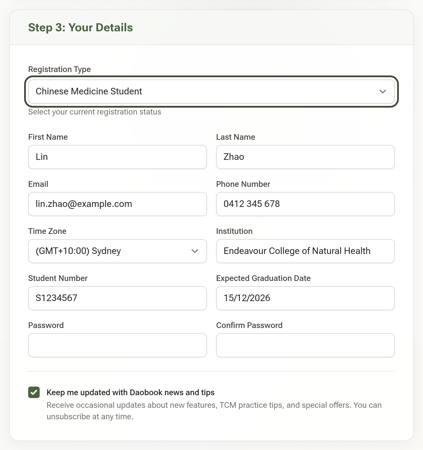 The Your Details card of the sign-up form with Registration Type set to Chinese Medicine Student, and the Institution, Student Number and Expected Graduation Date fields filled in