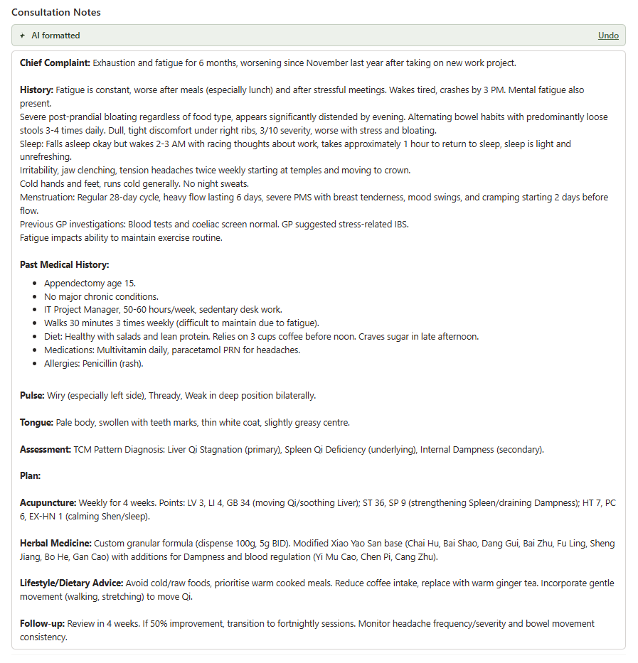 The same consultation note after AI formatting, showing bold TCM headings and an AI formatted banner with an Undo link at the top
