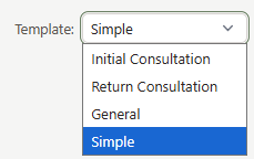 The Daobook consultation template dropdown open, showing Initial Consultation, Return Consultation, General and Simple, with Simple highlighted