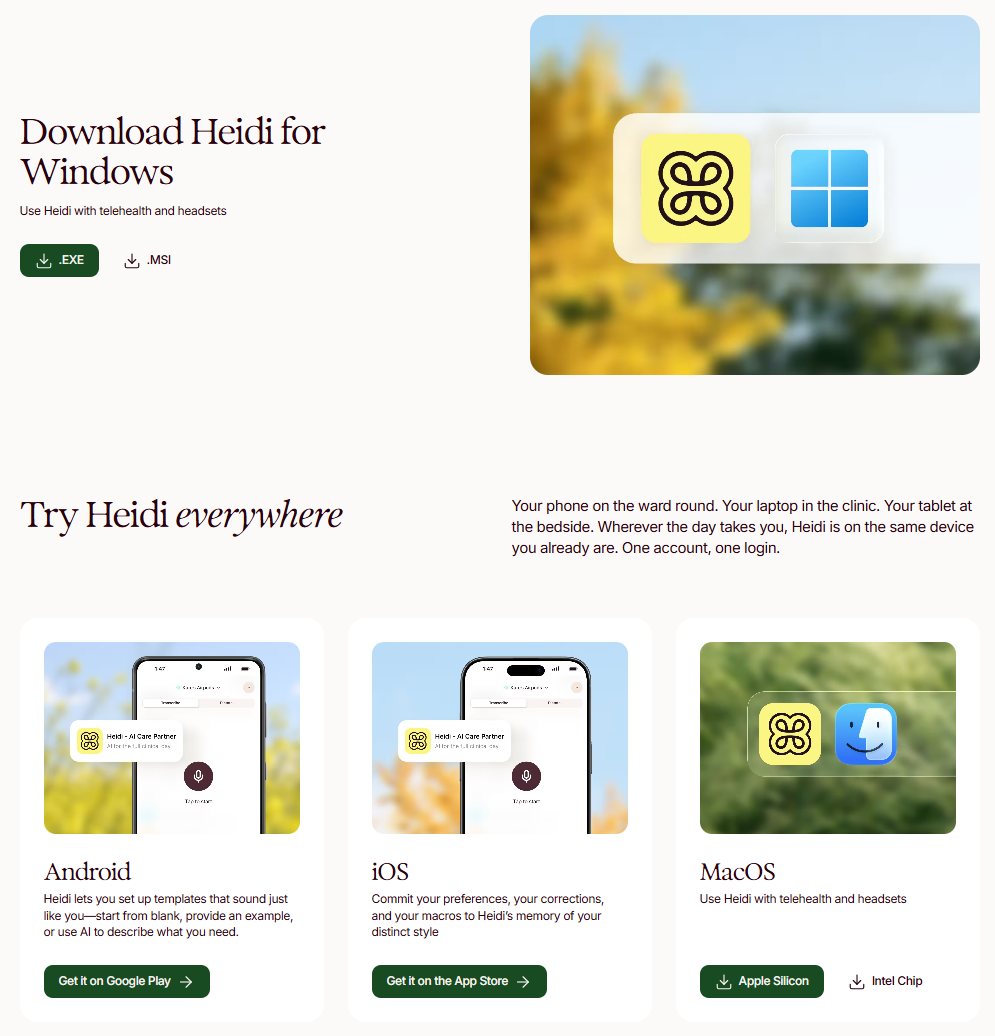 The Heidi download page showing the Windows download buttons and the Try Heidi everywhere section with Android, iOS and macOS app options