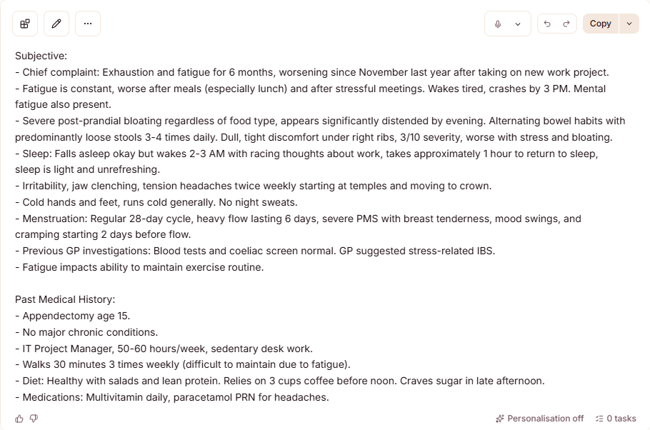 A completed Heidi note generated from the consultation, with the Copy button at the top right