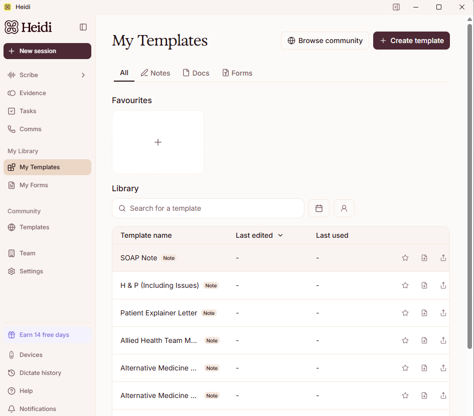 Heidi's My Templates screen listing standard templates including SOAP Note, with options to browse the community library or create a template