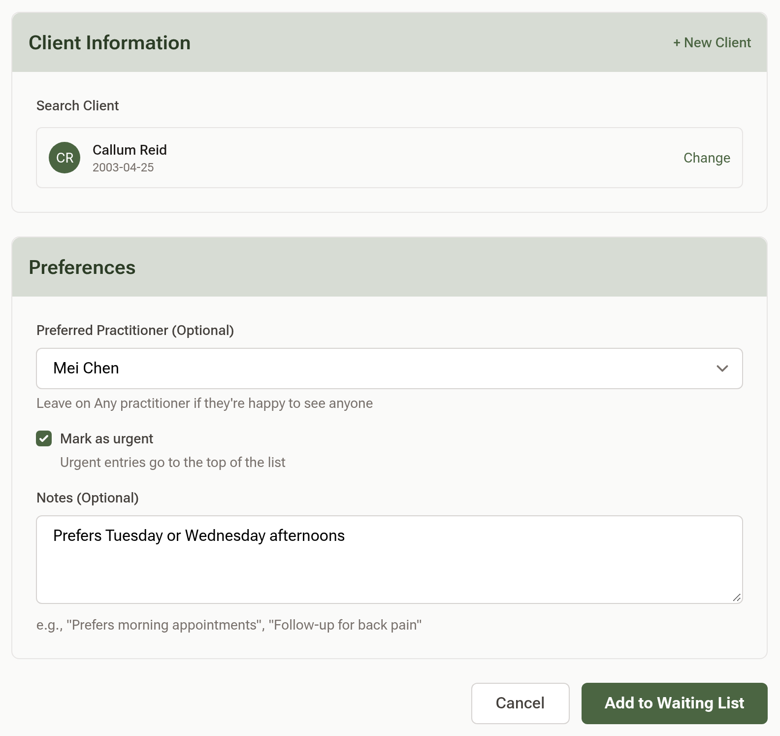 The Add to Waiting List form with a client selected, Mei Chen as the preferred practitioner, Mark as urgent ticked and a note about preferred days