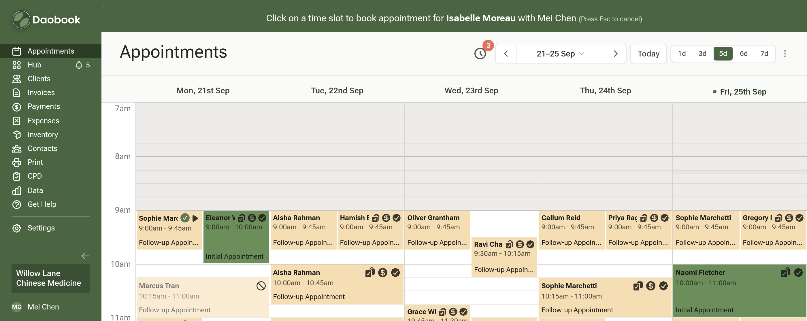 The calendar in booking mode, with a green bar across the top reading Click on a time slot to book appointment for Isabelle Moreau with Mei Chen