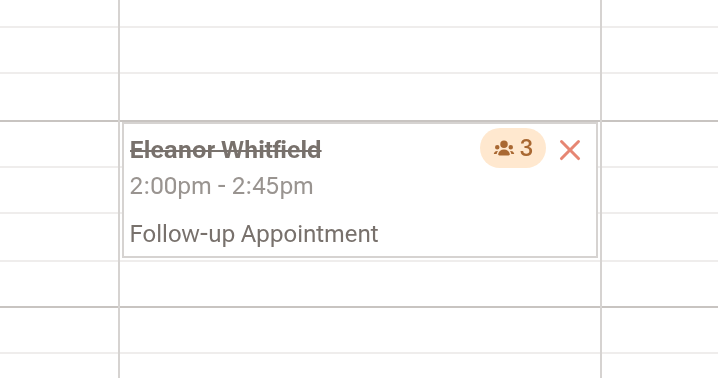 A cancelled appointment on the calendar, faded and crossed out, with an amber pill showing a people icon and the number 3