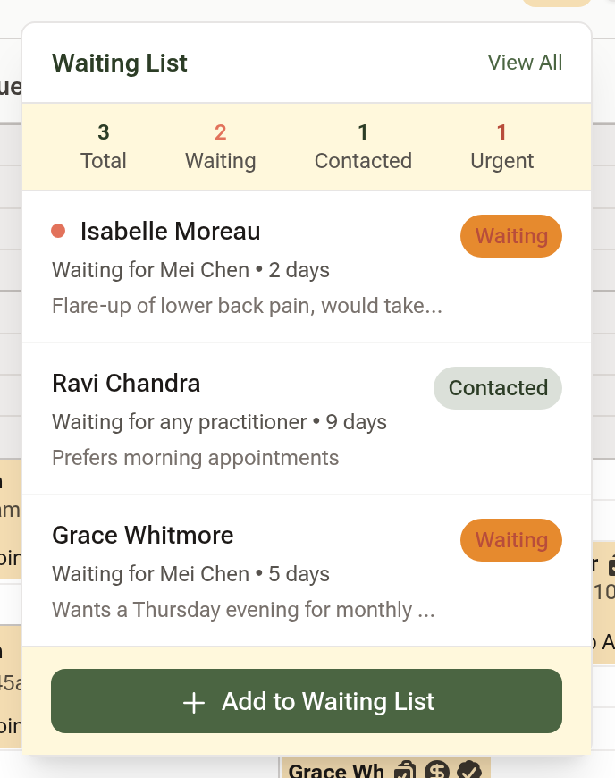 The Waiting List panel open under the calendar's clock icon, showing totals for waiting, contacted and urgent, three clients, and the Add to Waiting List button