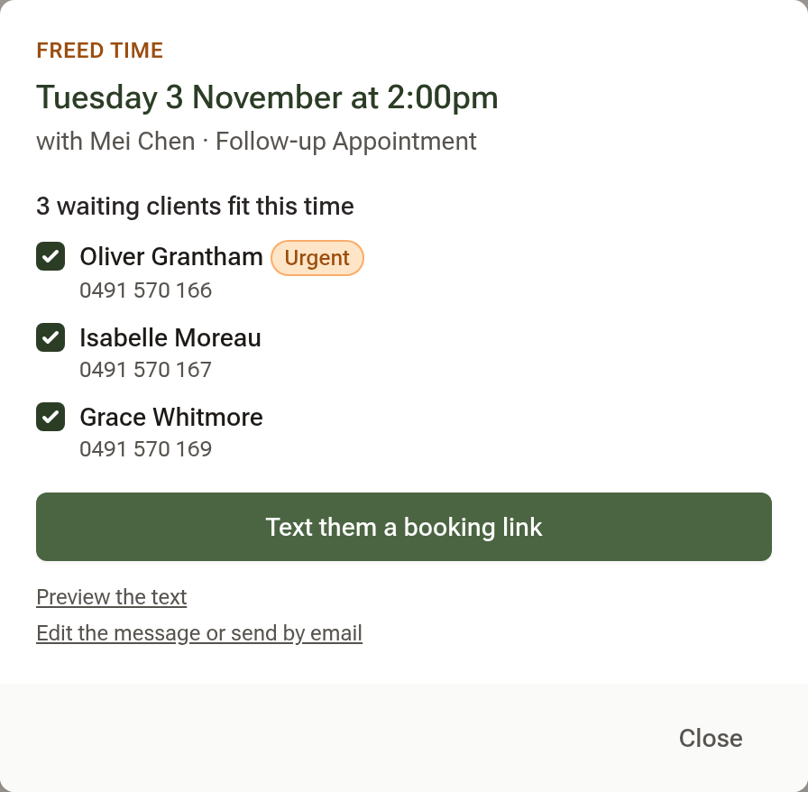 The Freed time window for Tuesday 2:00 pm with Mei Chen, listing three waiting clients who fit with tick boxes, a Text them a booking link button, and Preview the text and Edit the message or send by email links