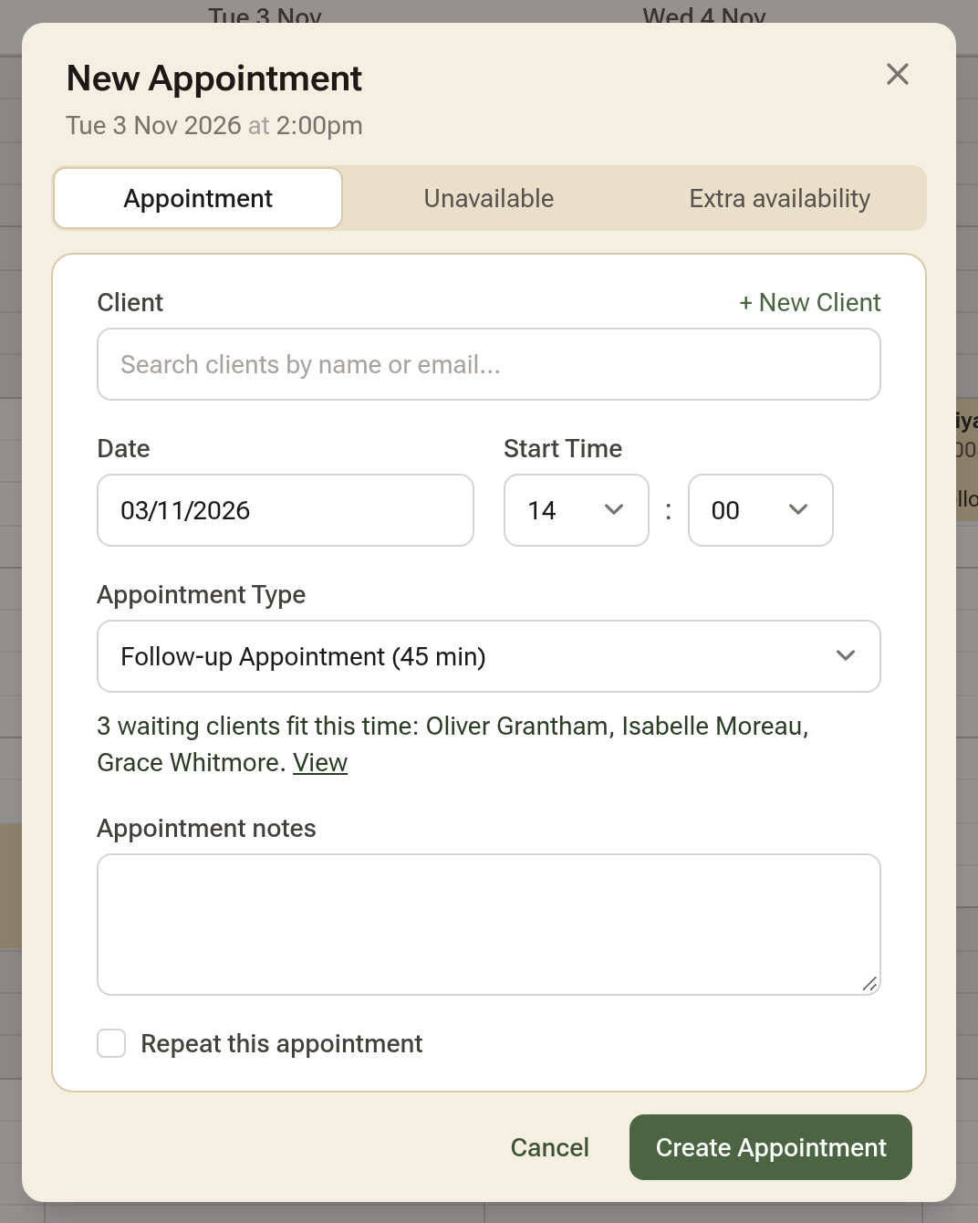 The New Appointment form on the calendar, with a green line under Appointment Type reading 2 waiting clients fit this time, naming them, and a View link