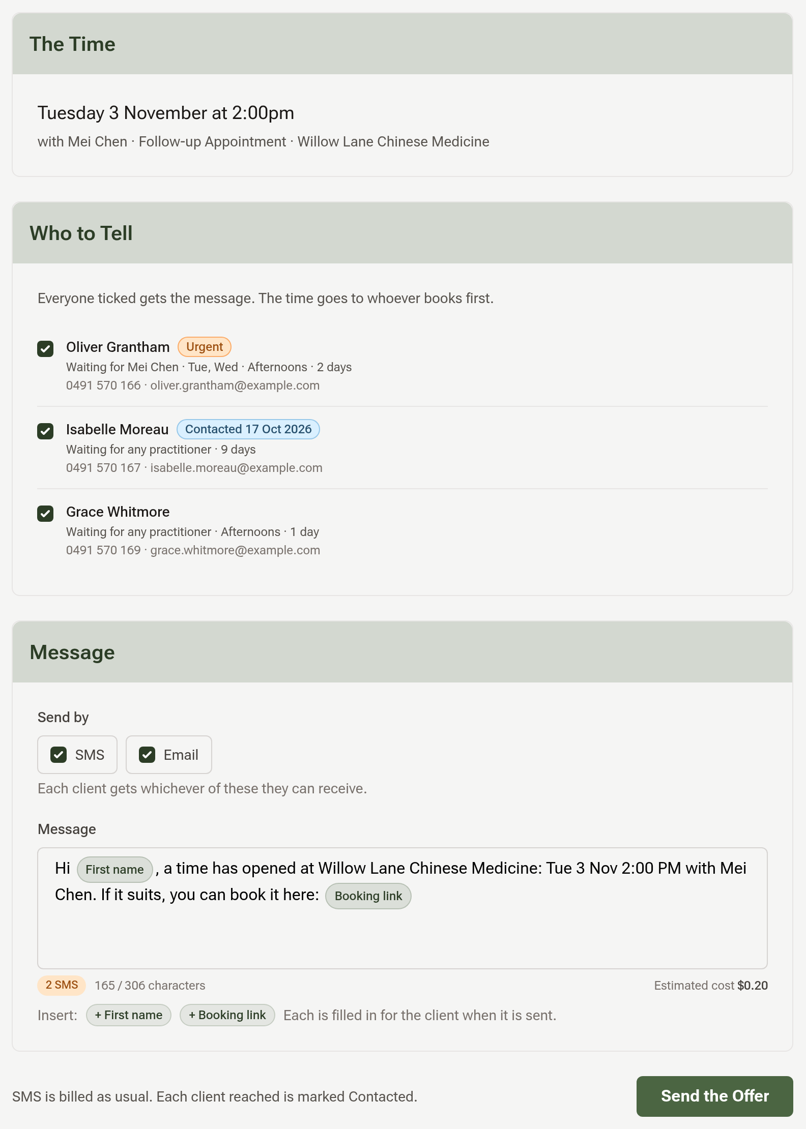 The Offer a Freed Time page: the freed Tuesday 2:00 PM time with Mei Chen, three clients ticked under Who to Tell, SMS and Email ticked, and the message with the booking link