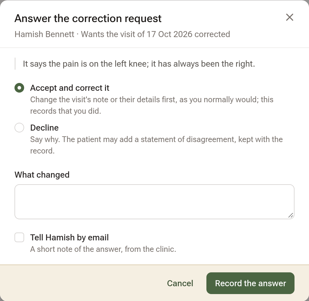 The answer window: the request quoted, accept or decline, and the tick to tell the patient by email