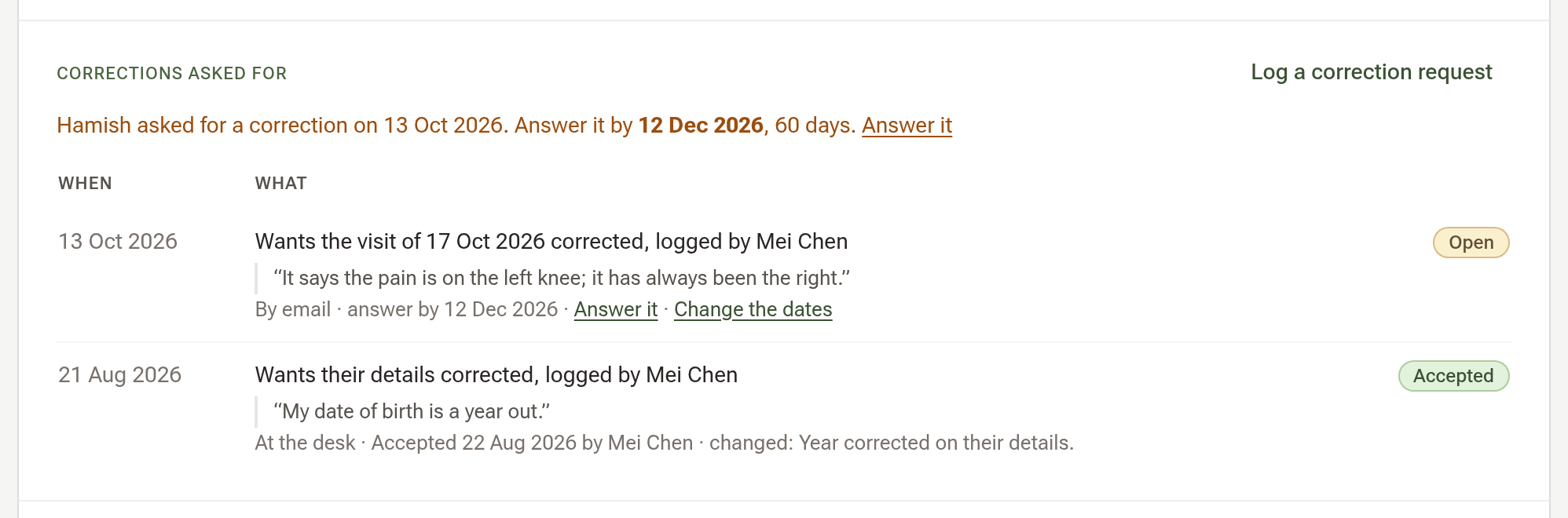 The Corrections asked for part with a request waiting and its amber line, and an earlier one accepted