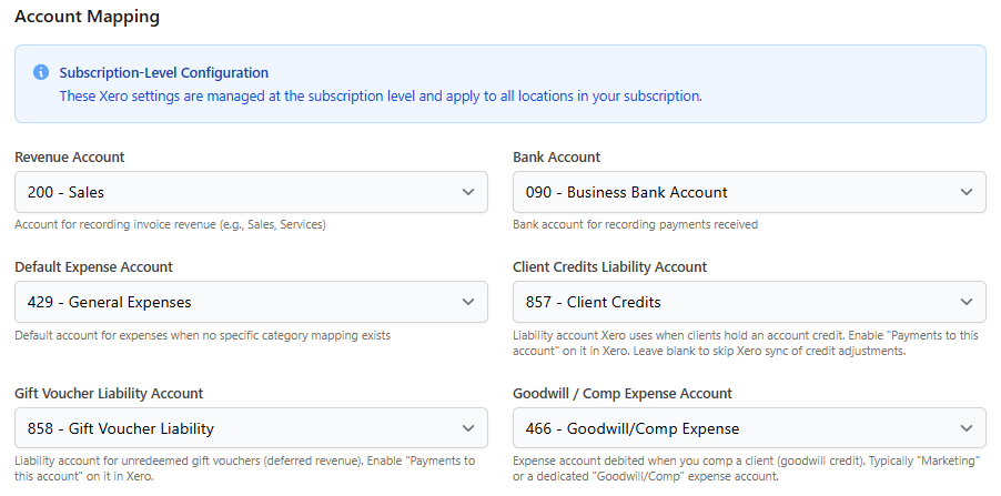 The Account Mapping section in Daobook with Revenue Account, Bank Account, Default Expense Account, Client Credits Liability Account, Gift Voucher Liability Account, and Goodwill / Comp Expense Account dropdowns all populated