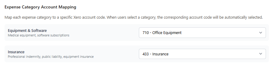 The Expense Category Account Mapping section showing Equipment & Software mapped to 710 - Office Equipment and Insurance mapped to 433 - Insurance