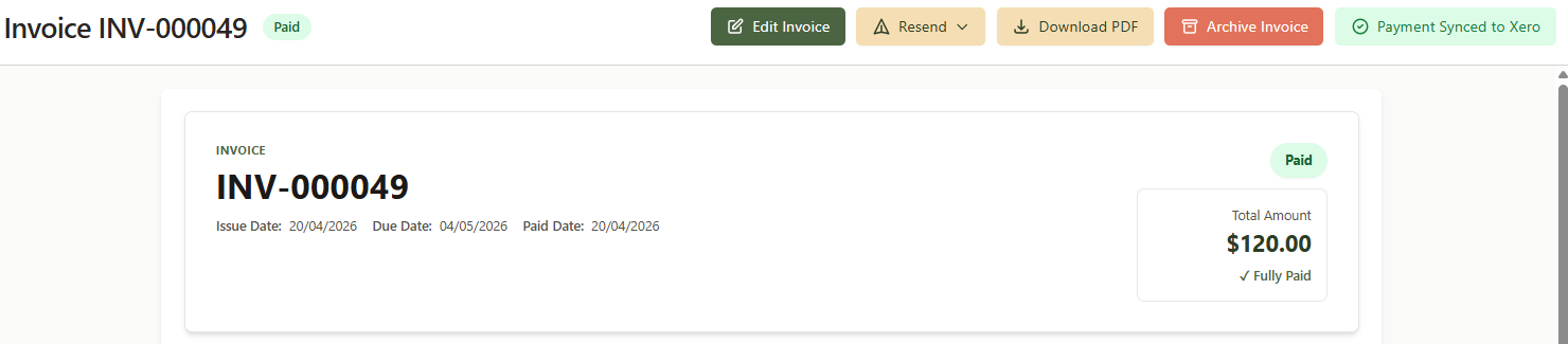 The top of an invoice detail page showing INV-000049 Paid with action buttons including Payment Synced to Xero
