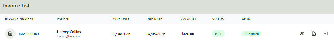An invoice list row for INV-000049 showing a Paid status and a green Synced badge in the Xero column