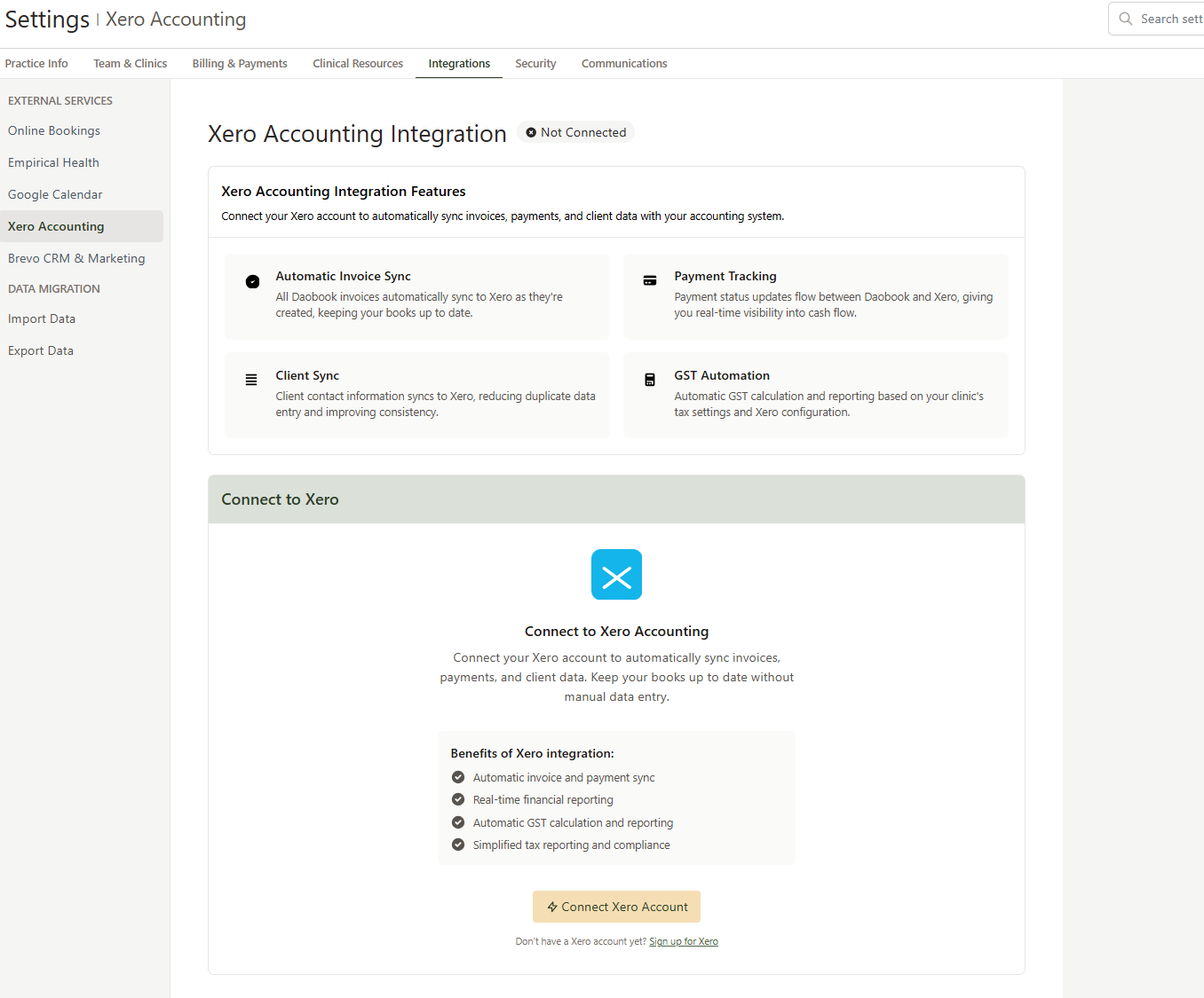 The Xero Accounting Integration settings page showing a Not Connected badge, a features overview, and the Connect Xero Account button