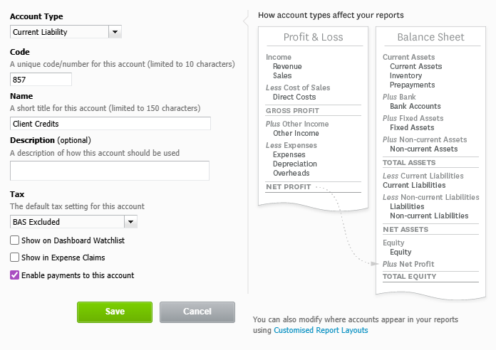 The Xero Add Account form filled out for a Client Credits account with Account Type set to Current Liability, Code 857, Tax BAS Excluded, and Enable payments to this account ticked