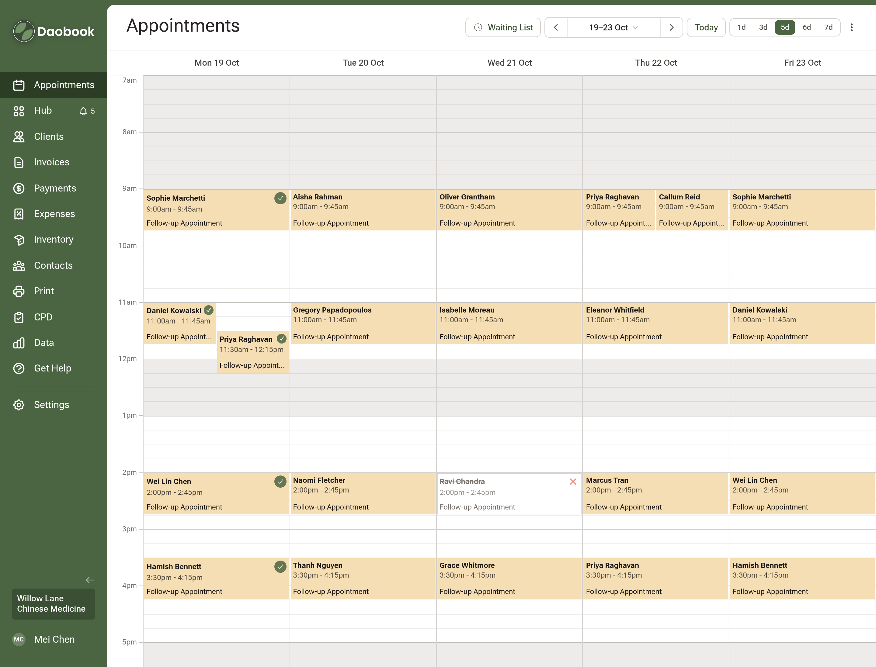 The calendar in its five-day view, Monday to Friday, each booking showing the patient, the time and the appointment type, with ticks marking the confirmed ones and a cancelled booking struck through