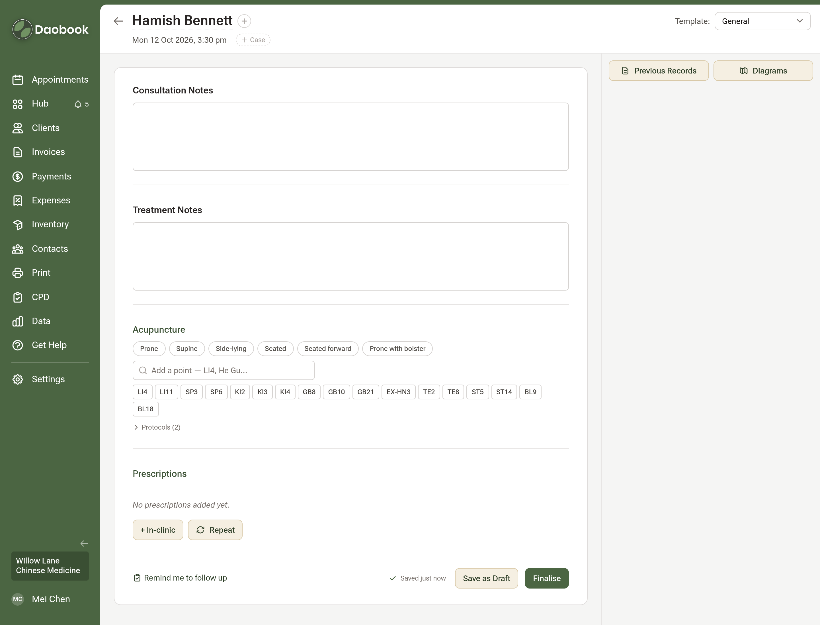 A consultation note showing the template picker at the top right, the note fields, the Acupuncture section with treatment position pills, a point search and quick-pick chips, the Prescriptions section with In-clinic and Repeat buttons, and Save as Draft and Finalise at the foot