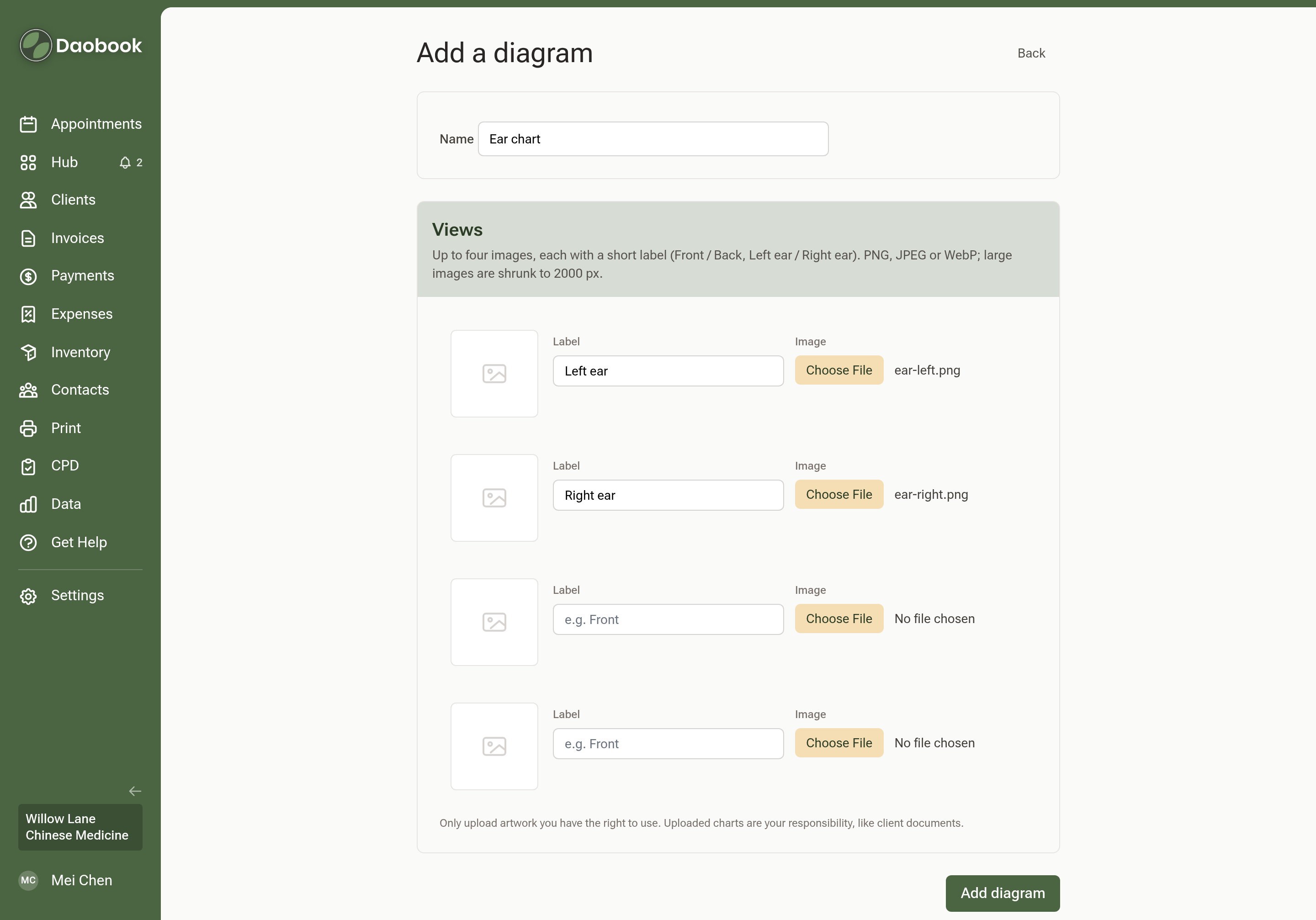 The Add a diagram page with the name Ear chart and two labelled image slots filled in
